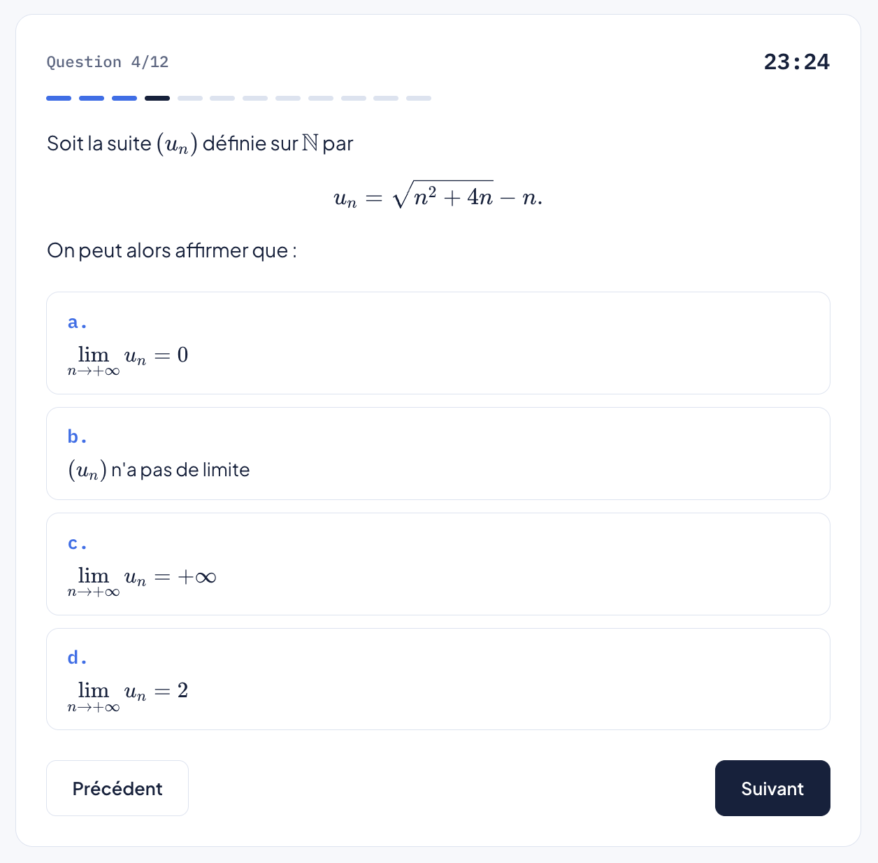 Aperçu d'un QCM du Concours Avenir sur la plateforme NovelPro